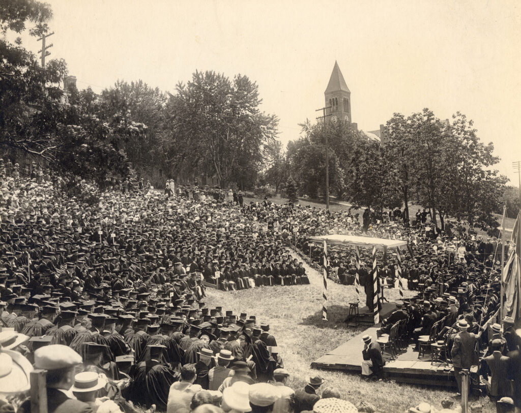 Cornell University’s 1912 Commencement ceremonies were held outdoors on Libe Slope