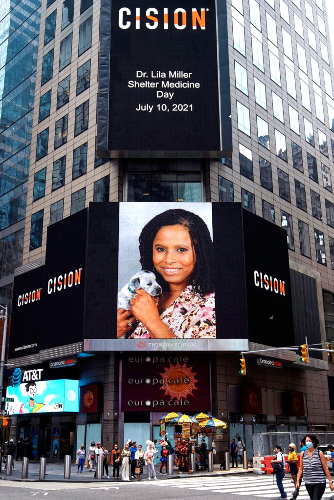 A photo of Dr. Lila Miller, holding a puppy, on a large screen in NYC's Times Square