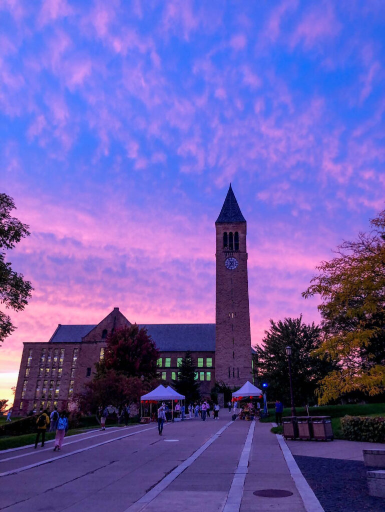 McGraw Tower at Cornell University at sunset.