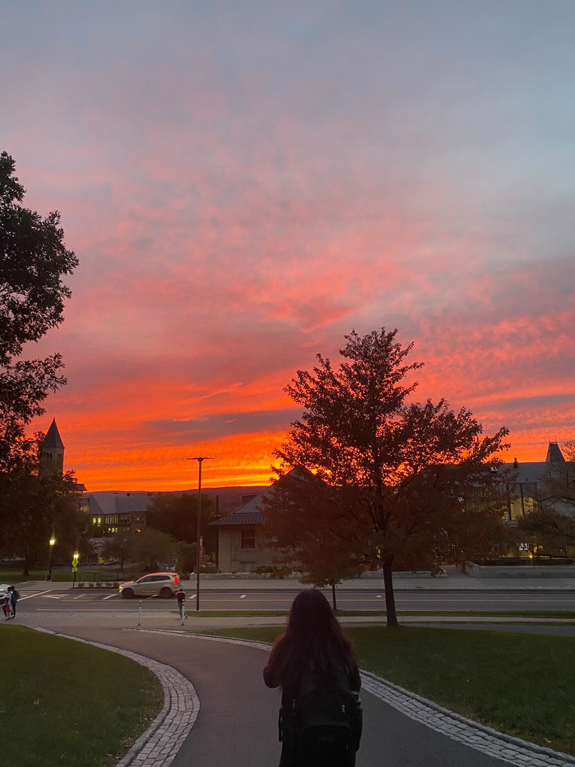 A student walks with their back to the camera underneath a bright orange sunset in the sky over Cornell University.