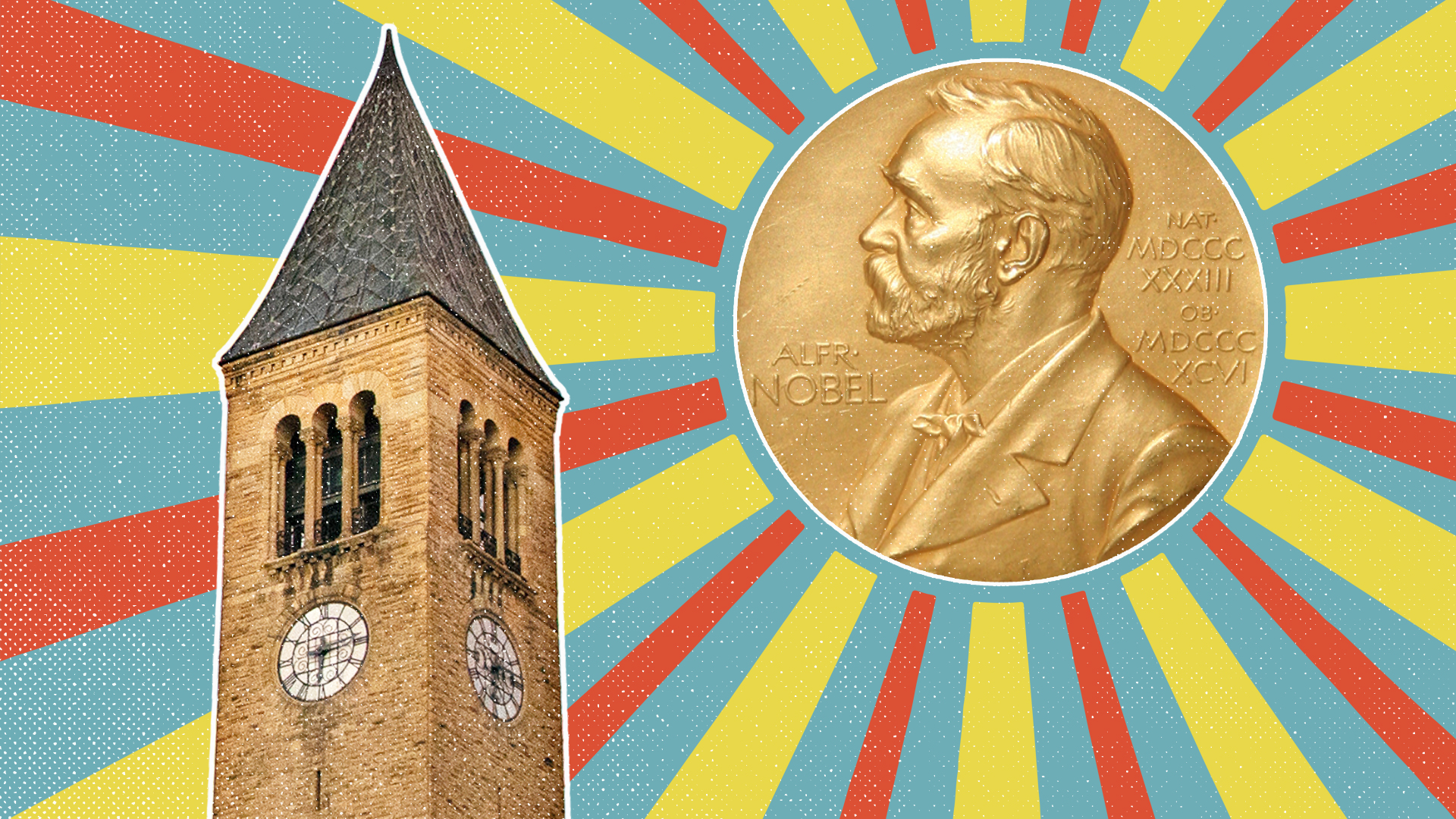 A graphic illustration of McGraw Tower at Cornell University and a Nobel Prize medal