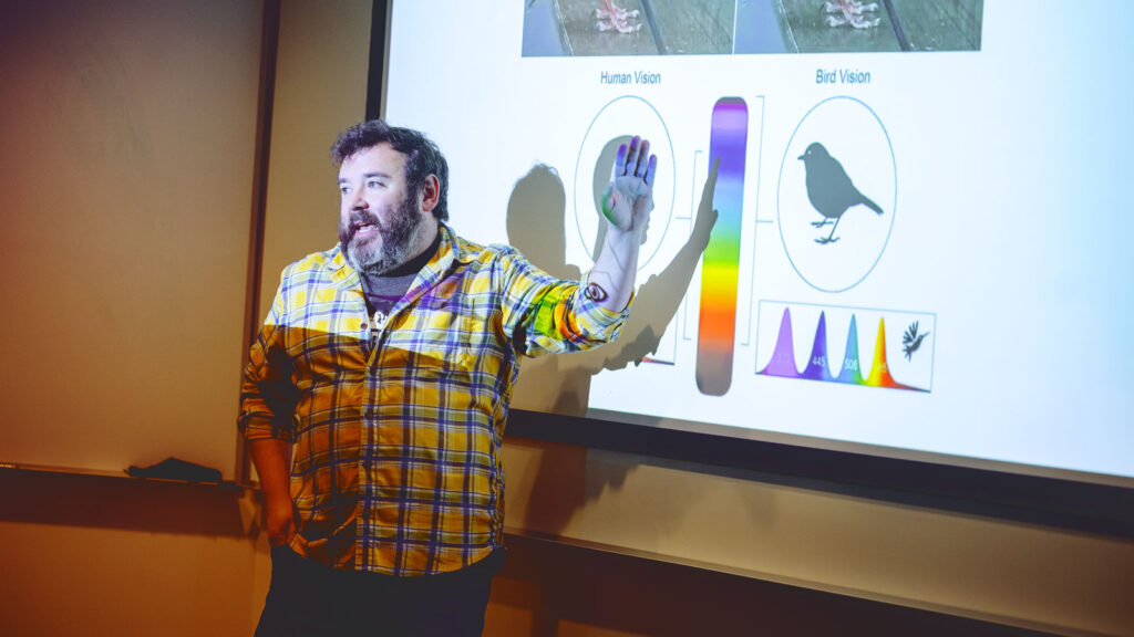 Professor Michael Sheehan, new class at Cornell, BIONB 1100, "Understanding Animal Behavior through Animated Films". In Carson-Mudd Hall