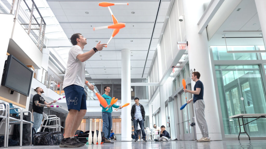 Jonah Botvinick Greenhouse, math PhD student, juggles with the Cornell Juggling Club in the Physical Science Building..
