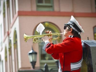 Cornell's Big Red Band (BRB) performs on Ithaca Commons.
