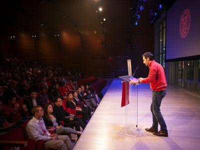Scott Belsky ’02 speaks on stage at the Entrepreneurship at Cornell’s Summit in New York.