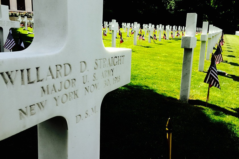 The grave of World War I veteran Willard D. Straight, Class of 1901, for whom Willard Straight Hall is named, in the Suresnes American Cemetery in France.