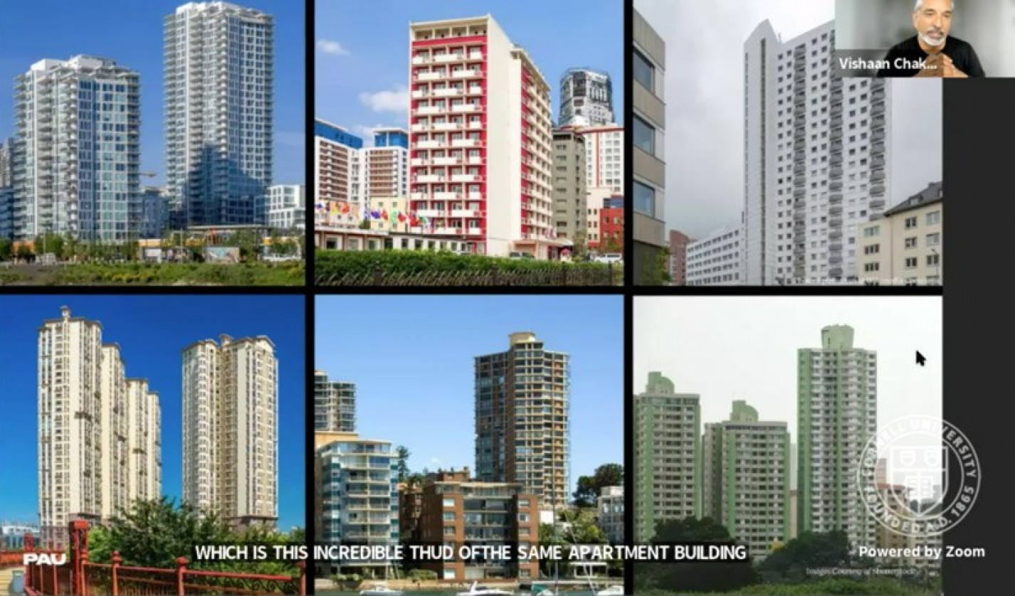 Slide by Vishaan Chakrabarti '88, founder and Creative Director, PAU, illustrating what he calls the “incredible thud of the same apartment building” in cities across the globe